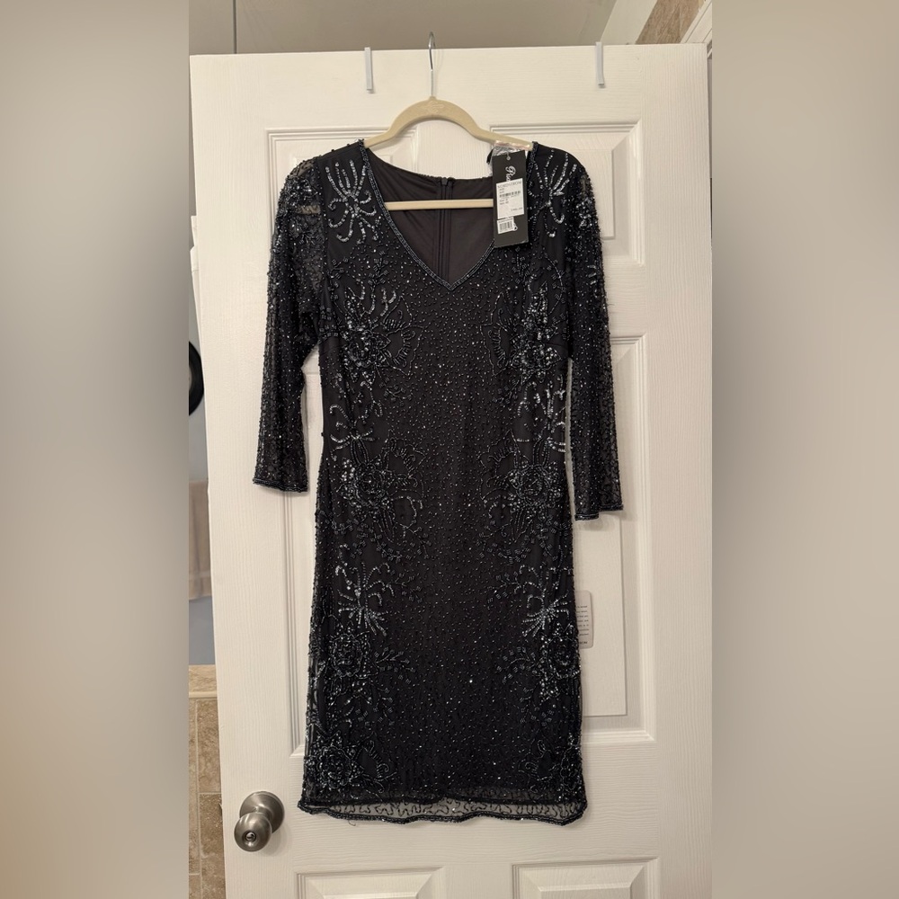 Pisarro Nights Black Beaded V-Neck Midi Dress